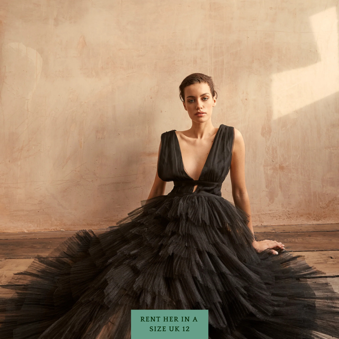Eliza Plunge Front Tulle Layered Maxi Dress in Black