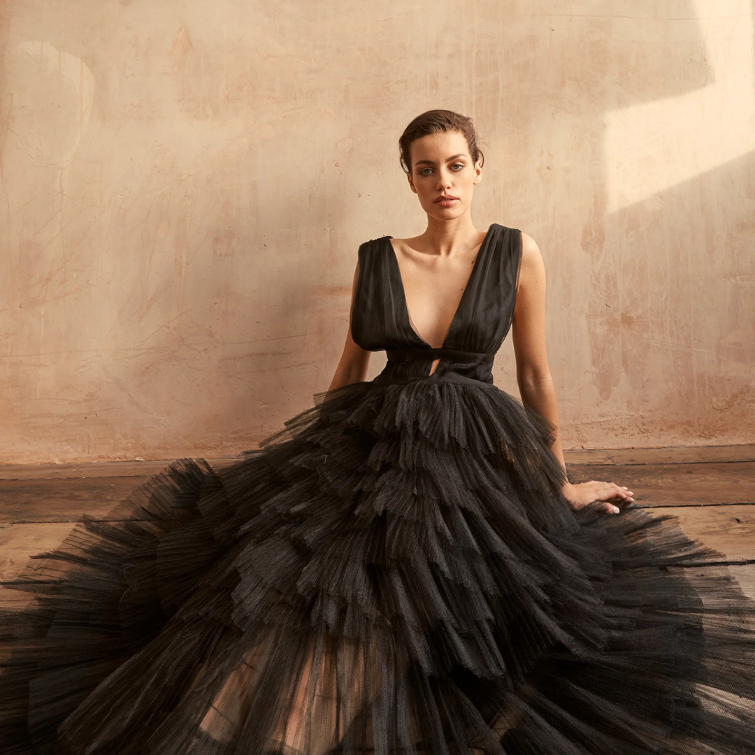 Eliza Plunge Front Tulle Layered Maxi Dress in Black