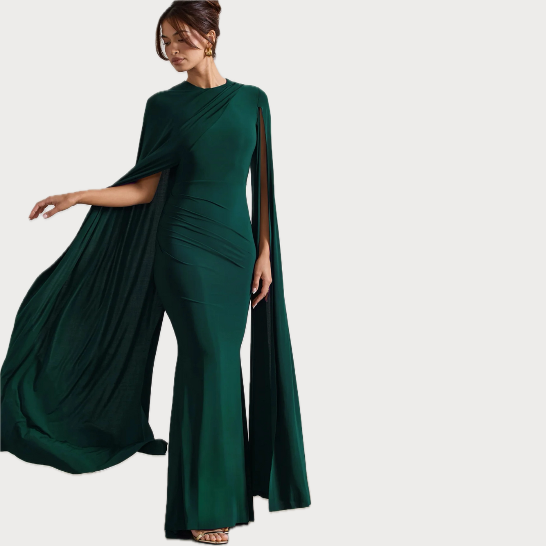 Magdalena Cape Maxi Dress in Bottle Green