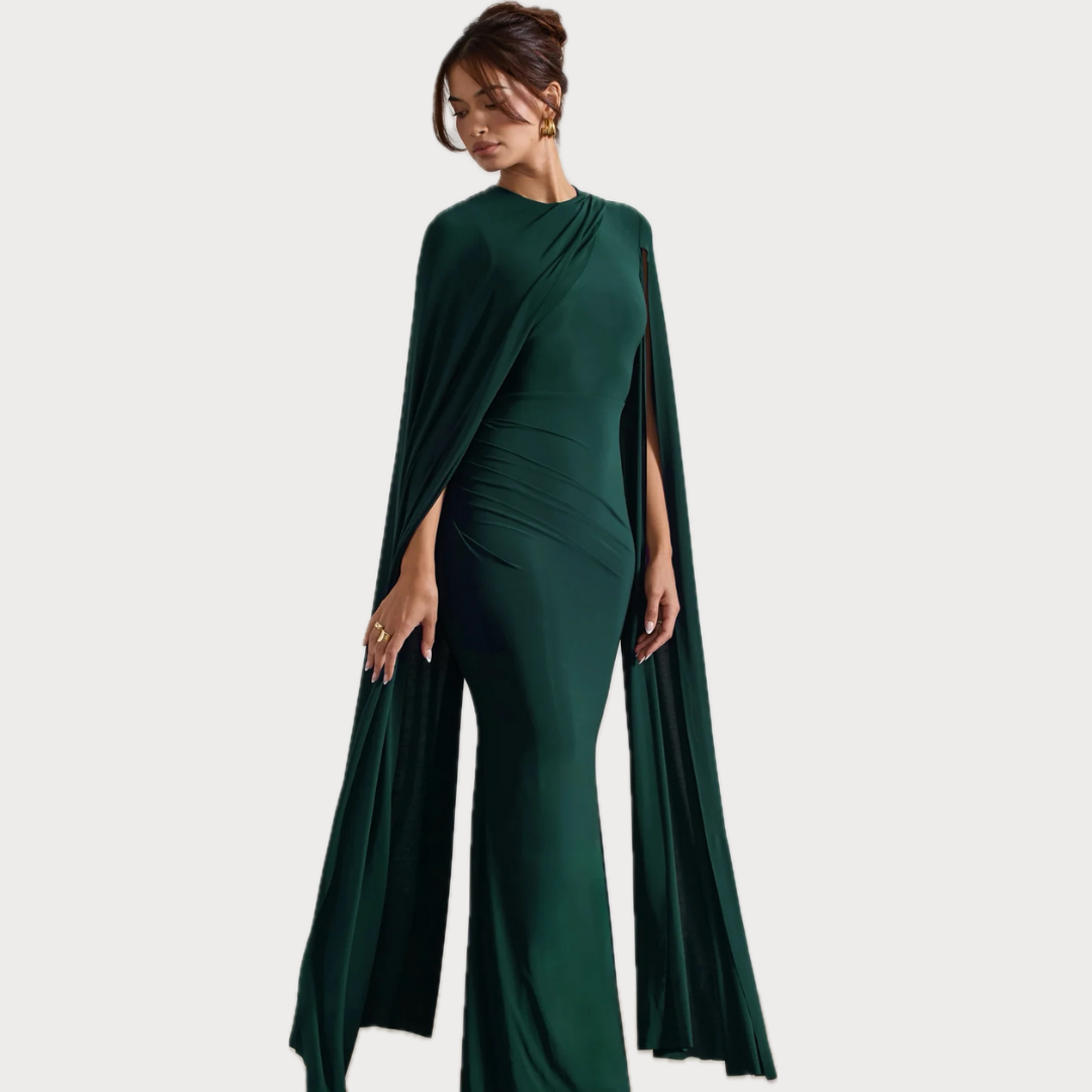 Magdalena Cape Maxi Dress in Bottle Green