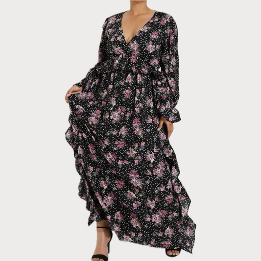 Long Sleeved Ruffle Maxi Dress in Ditsy Floral