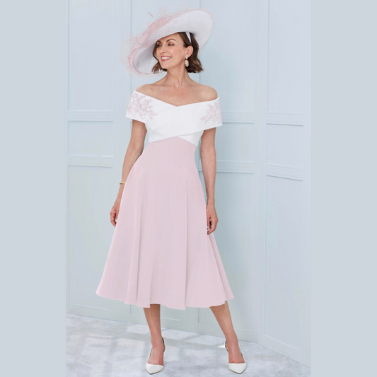 Off-the-Shoulder Midi Dress in Petal Pink